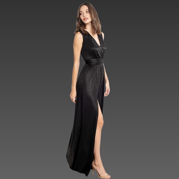 NWT DRESS THE POPULATION Krista VNeck Tie Waist Coated Jersey Maxi Dress Sz Lg - Picture 2 of 5